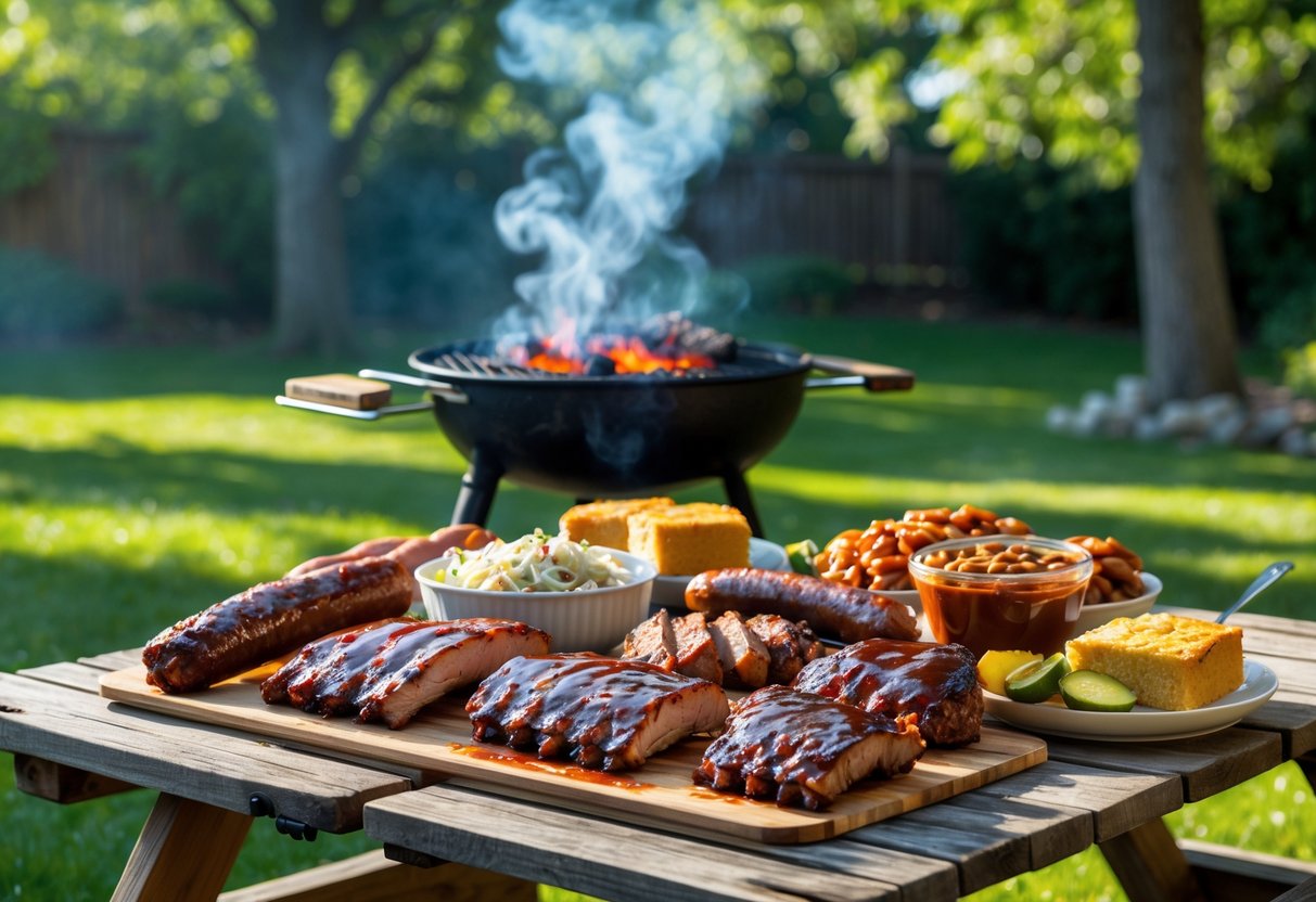 A wooden picnic table outdoors with grilled ribs, chicken, sausages, and classic barbecue side dishes next to a smoky charcoal grill in a sunny backyard.