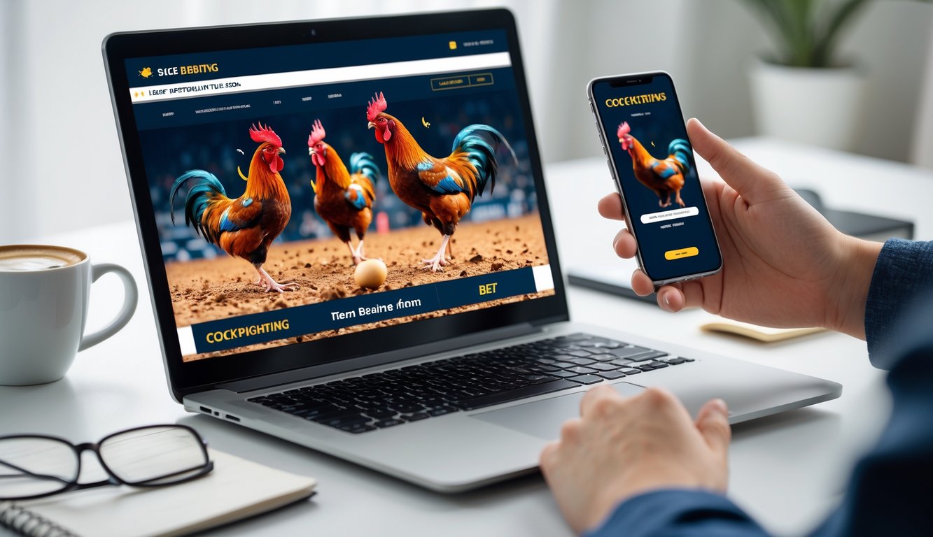Seseorang menggunakan laptop dan ponsel untuk taruhan sabung ayam online di ruang kerja yang rapi.