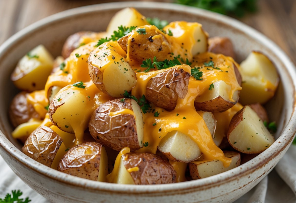 A bowl of cheesy potatoes garnished with parsley on a wooden table.