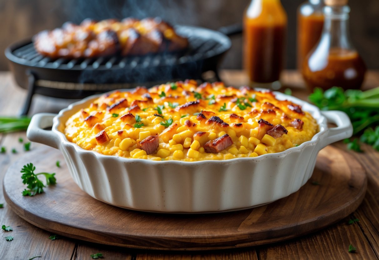 A baked corn pudding with corn kernels and BBQ meat in a white dish on a wooden table with barbecue elements around.