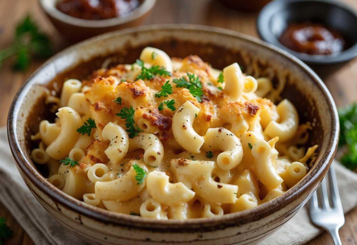 A bowl of creamy mac and cheese garnished with parsley and black pepper on a wooden table with barbecue sauce and spices in the background.