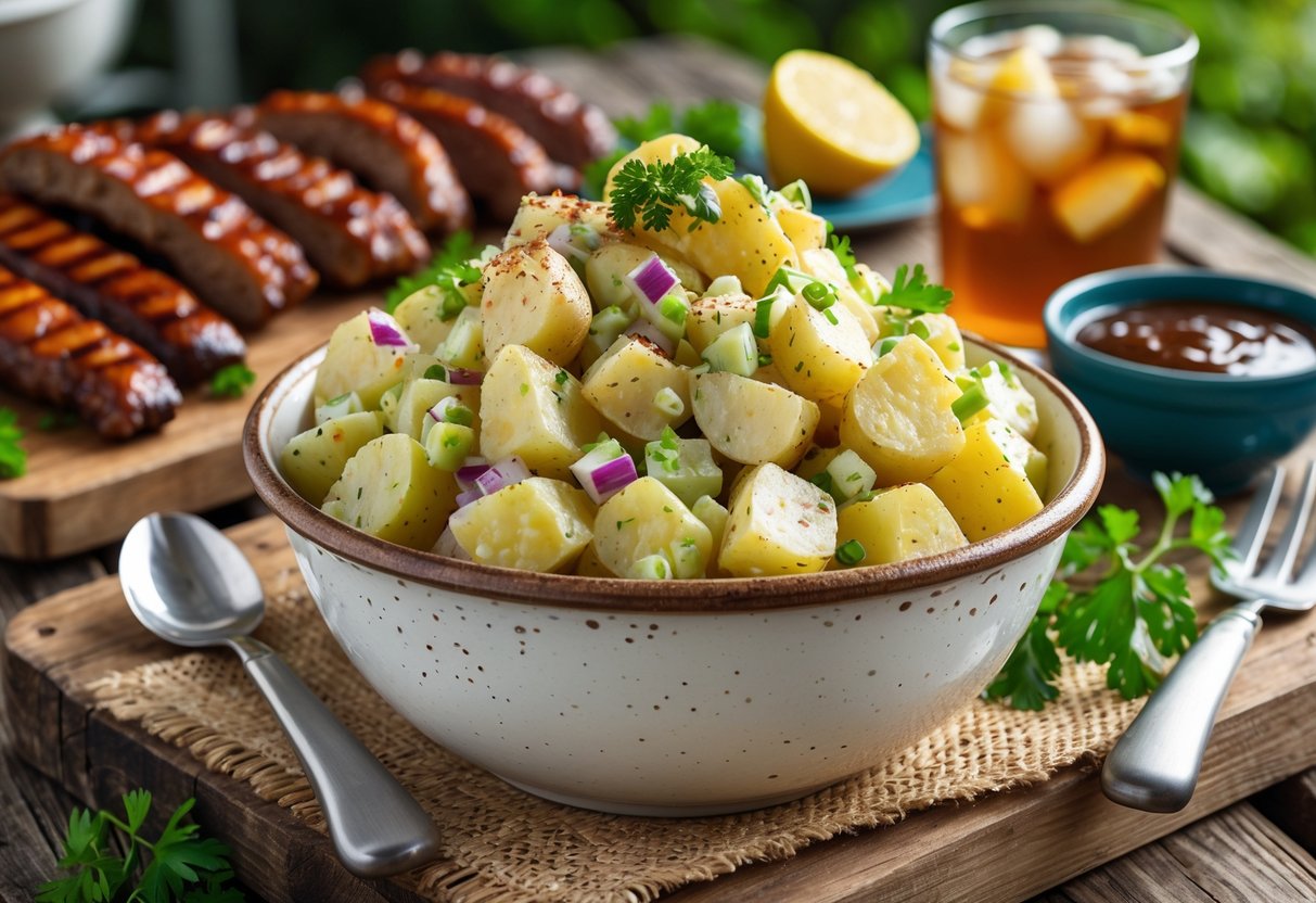 A bowl of creamy potato salad on a wooden table with grilled meats and a glass of iced tea in an outdoor barbecue setting.