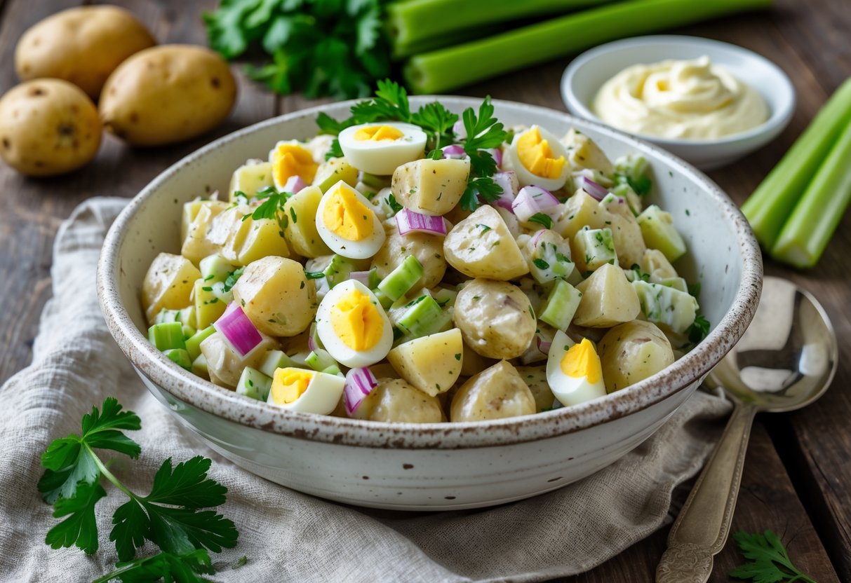 A bowl of creamy potato salad with chopped vegetables and herbs on a wooden table surrounded by fresh ingredients.