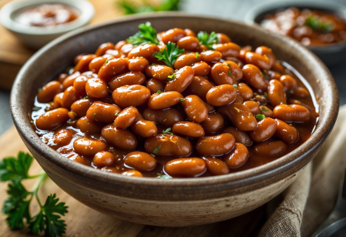 A bowl of baked beans in barbecue sauce on a wooden surface with barbecue sauce and herbs nearby.