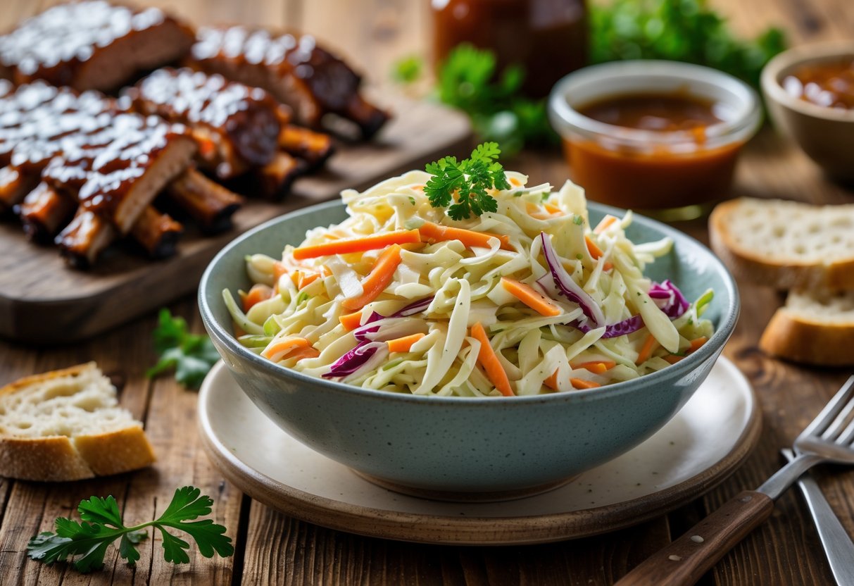 A bowl of creamy coleslaw on a wooden table next to smoked ribs with barbecue sauce and fresh herbs.