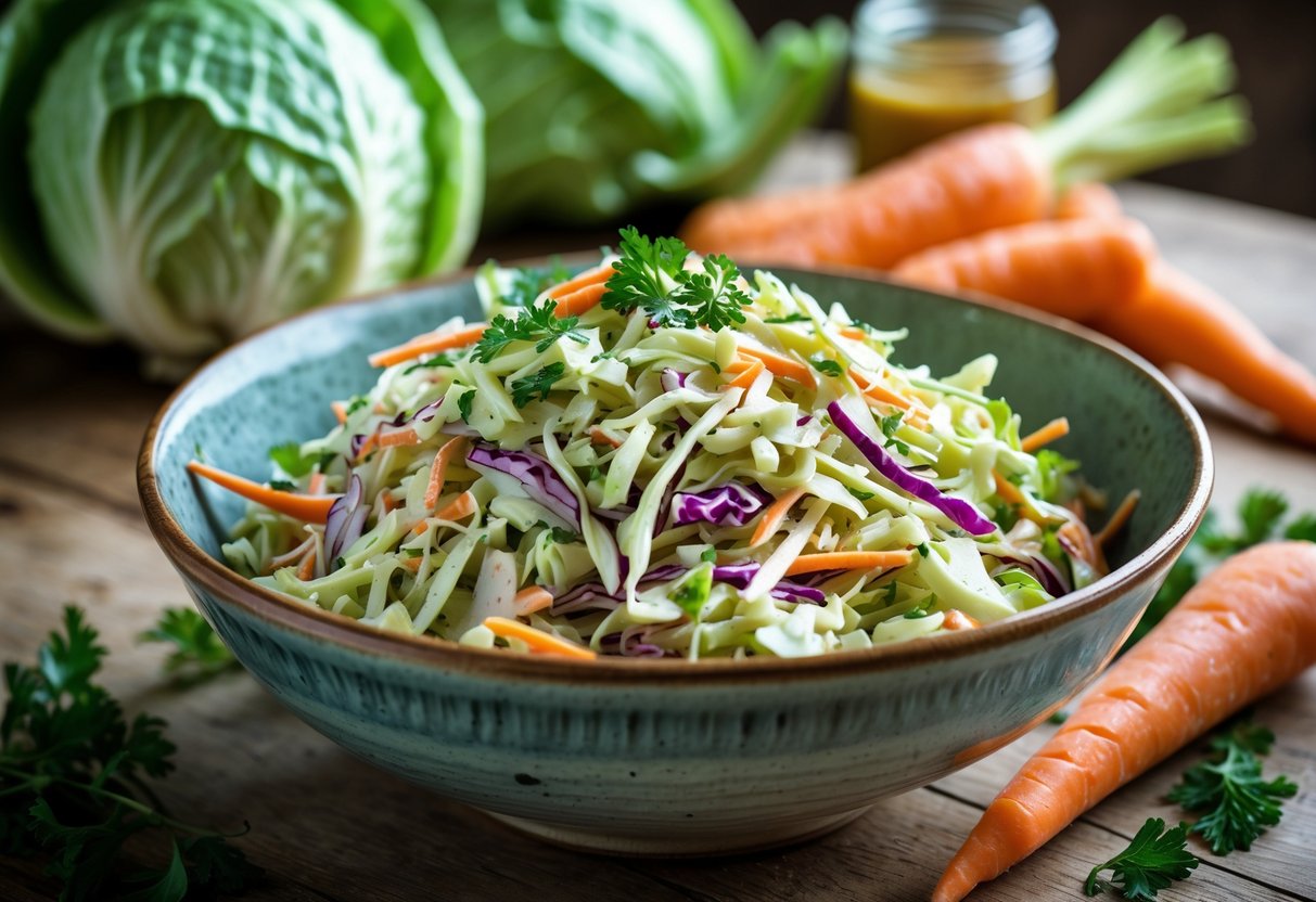 A bowl of colorful coleslaw made with cabbage and carrots on a wooden table with fresh ingredients around it.