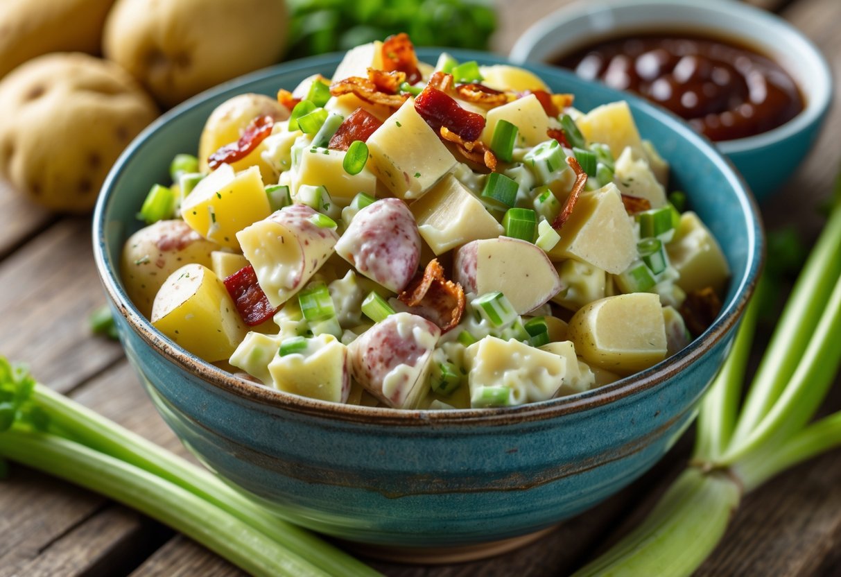 A bowl of creamy potato salad with potatoes, celery, green onions, and bacon on a wooden table with fresh ingredients around it.