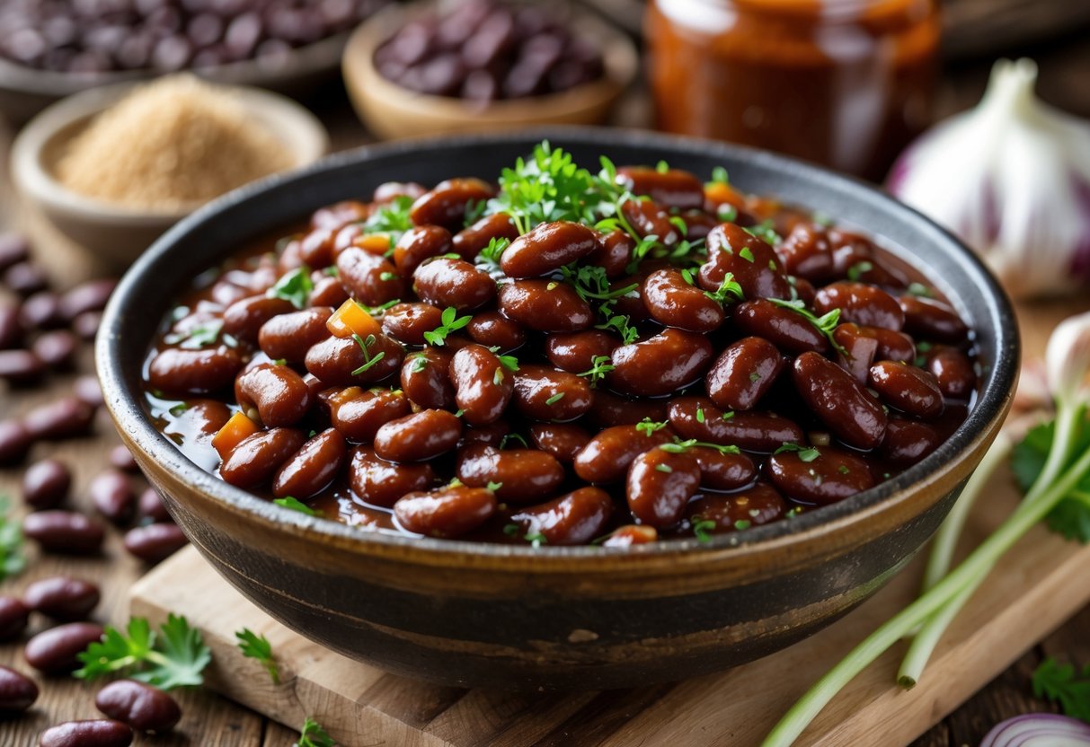 A bowl of glossy BBQ beans in savory sauce on a wooden table surrounded by ingredients like brown sugar, garlic, onions, and barbecue sauce jars.
