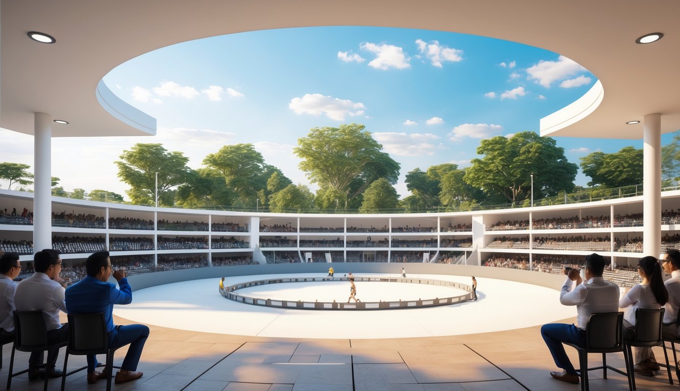 Arena sabung ayam resmi dengan penonton yang memperhatikan pertandingan di tempat terbuka.