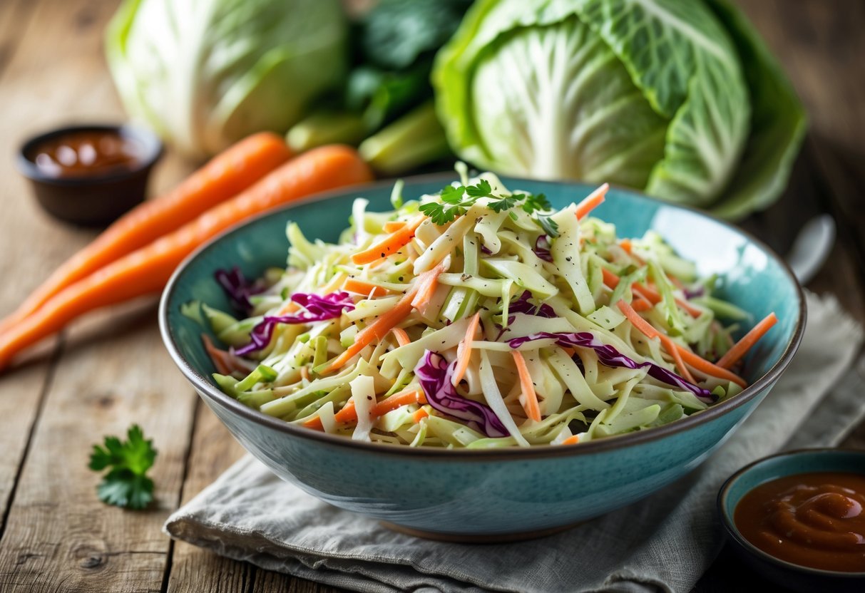 A bowl of fresh BBQ coleslaw with shredded cabbage and carrots on a wooden table surrounded by fresh vegetables and BBQ sauce.