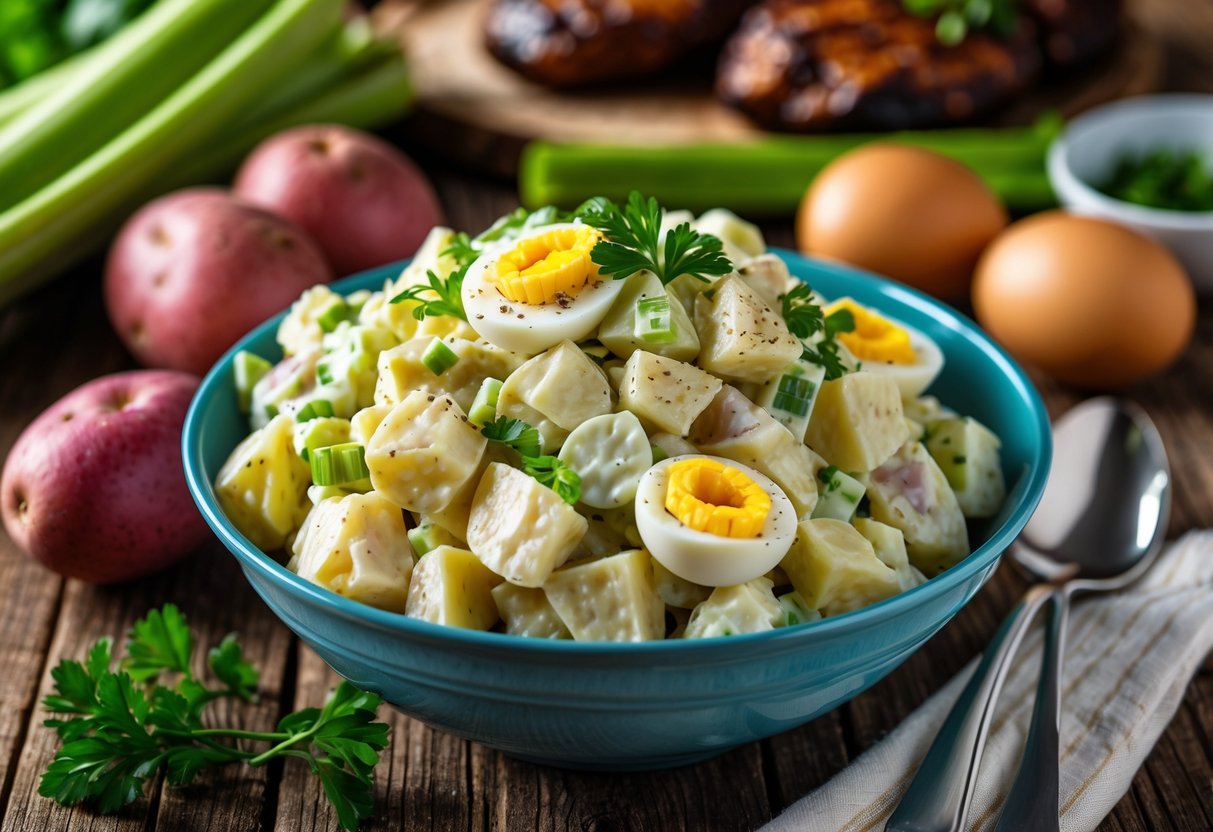 A bowl of creamy potato salad with chopped celery and eggs on a wooden table, surrounded by fresh potatoes and celery, with barbecue meat blurred in the background.