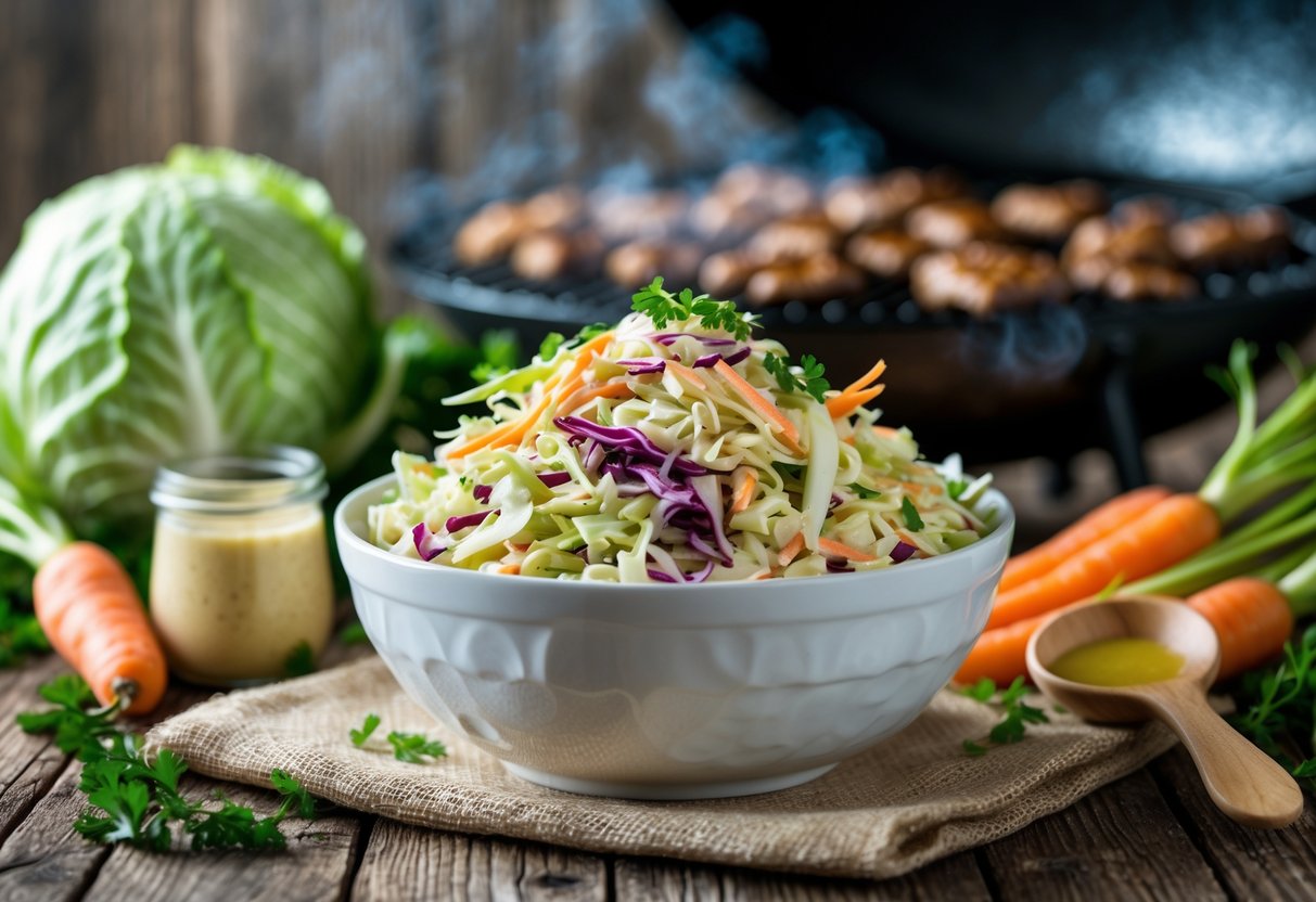 A bowl of freshly made coleslaw on a wooden table with fresh cabbage and carrots nearby and a barbecue grill in the background.