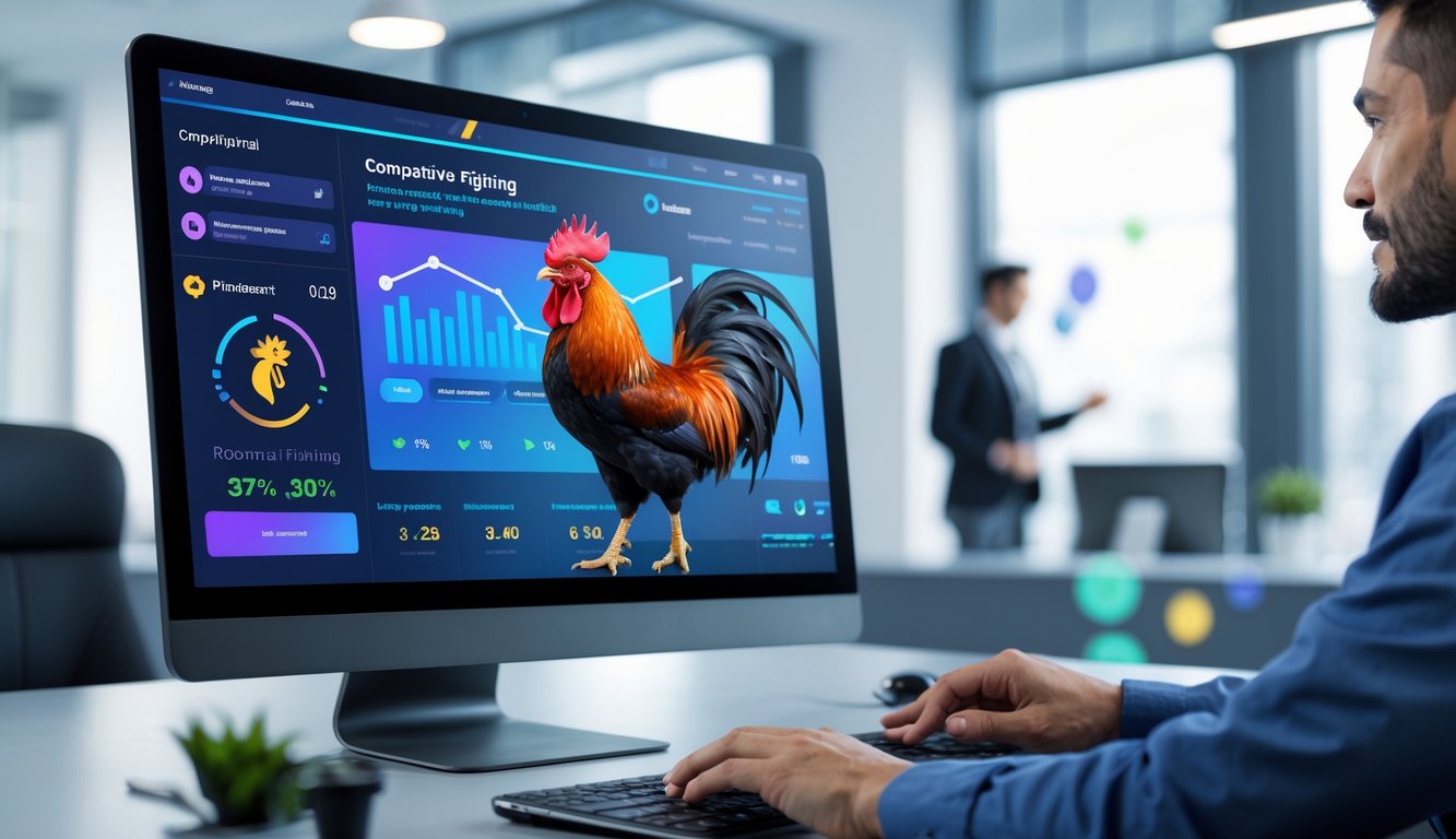 Seseorang menggunakan perangkat digital dengan tampilan situs sabung ayam yang modern dan profesional di lingkungan kantor.