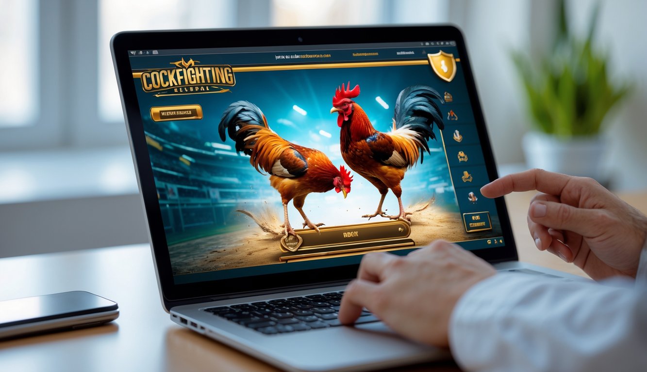 Seseorang menggunakan komputer untuk menonton pertandingan sabung ayam secara online di situs terpercaya.