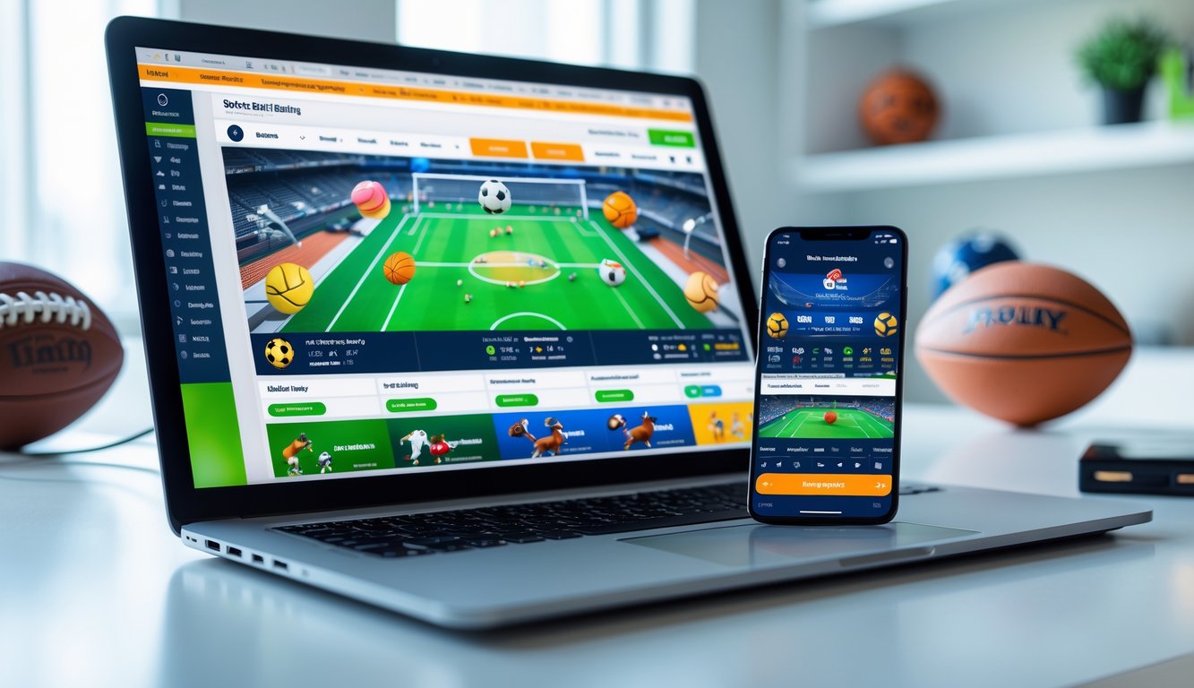 Seorang pengguna melihat platform taruhan olahraga di laptop dan ponsel dengan berbagai jenis olahraga yang ditampilkan di layar.
