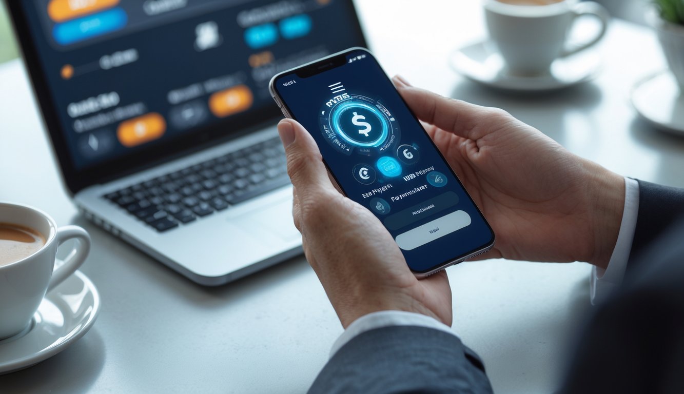 Tangan seseorang memegang ponsel dengan aplikasi pembayaran cepat, di atas meja dengan laptop dan cangkir kopi.