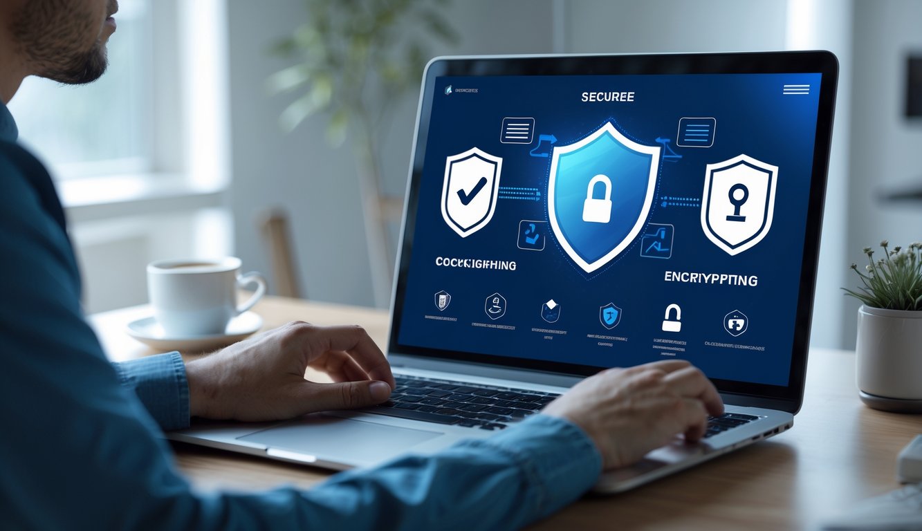 Seseorang menggunakan laptop di ruang kerja modern dengan tampilan situs web aman yang menampilkan ikon keamanan seperti perisai dan gembok.