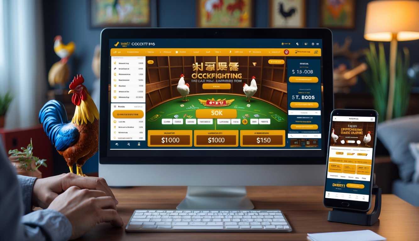 Seseorang menggunakan komputer di ruang tamu yang nyaman untuk memasang taruhan sabung ayam online dengan layar menampilkan platform taruhan dan angka odds.
