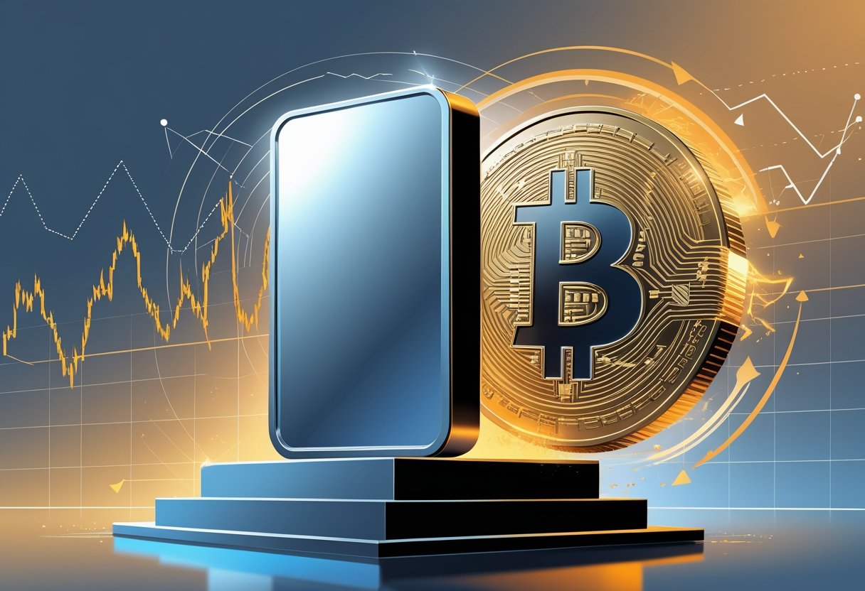 A silver bar on a stable pedestal next to a fragmented bitcoin coin with fluctuating waves, illustrating silver's stability compared to bitcoin's volatility.