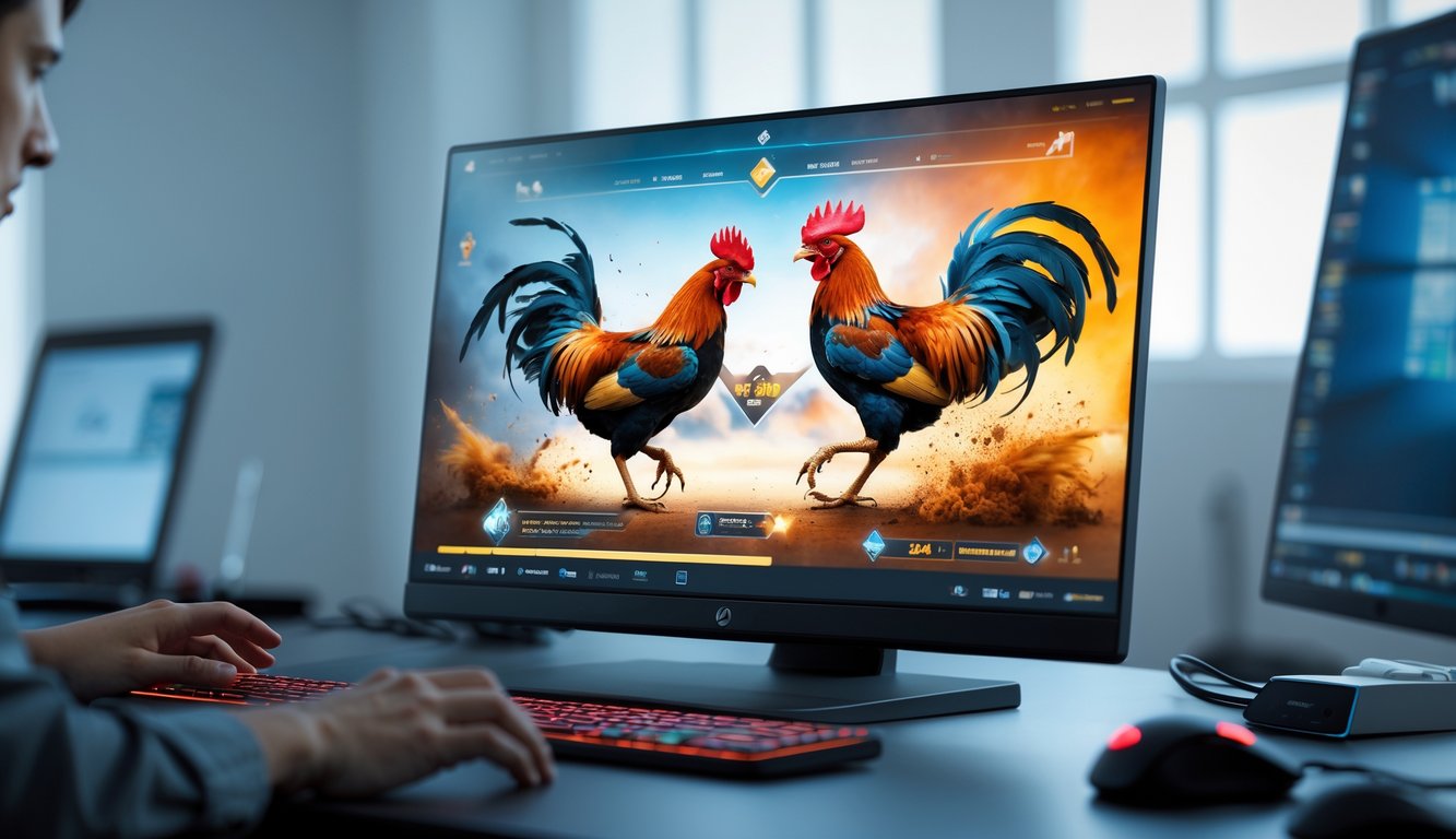 Seorang pemain sedang bermain sabung ayam online di depan komputer dengan layar menampilkan dua ayam jago bertarung.