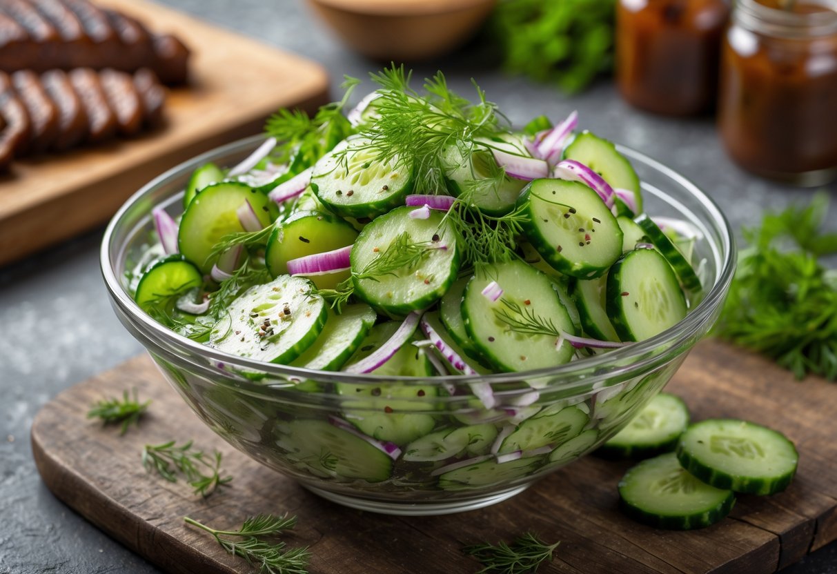 A bowl of fresh cucumber salad with sliced cucumbers, red onions, and herbs on a wooden table, with blurred BBQ elements in the background.