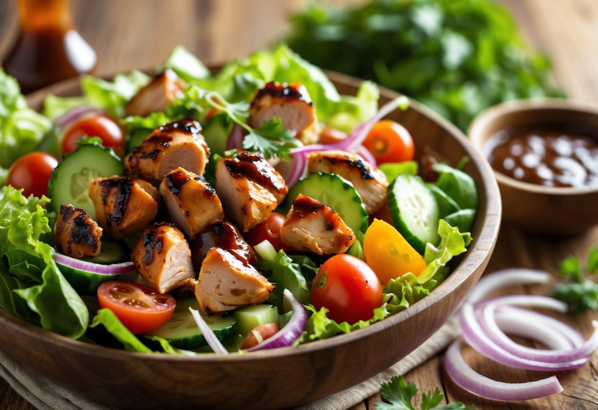 A bowl of chicken salad with grilled barbecue chicken, lettuce, cherry tomatoes, cucumbers, and red onions on a wooden table.