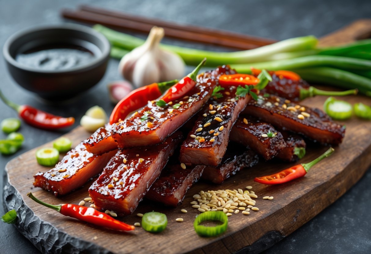 Close-up of Korean BBQ pork jerky on a wooden board with garlic, chili peppers, sesame seeds, scallions, and a bowl of dipping sauce nearby.