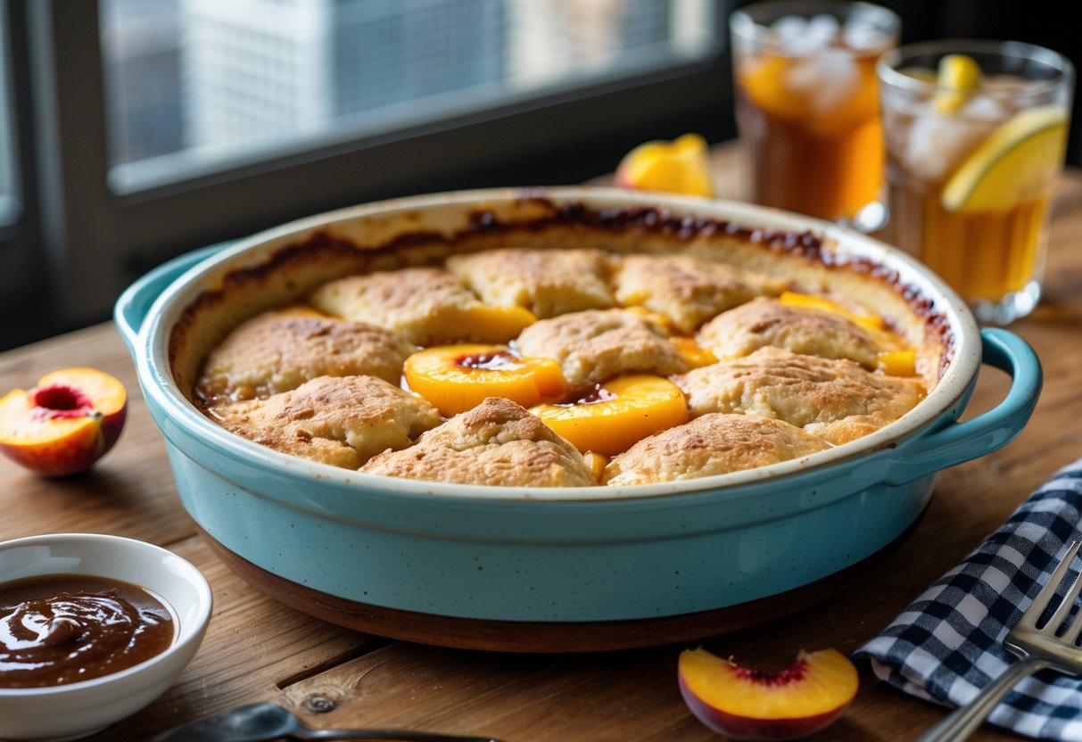 A freshly baked peach cobbler in a rustic dish on a wooden table with BBQ sauce, iced tea, and BBQ tools nearby, with a city skyline visible through a window in the background.