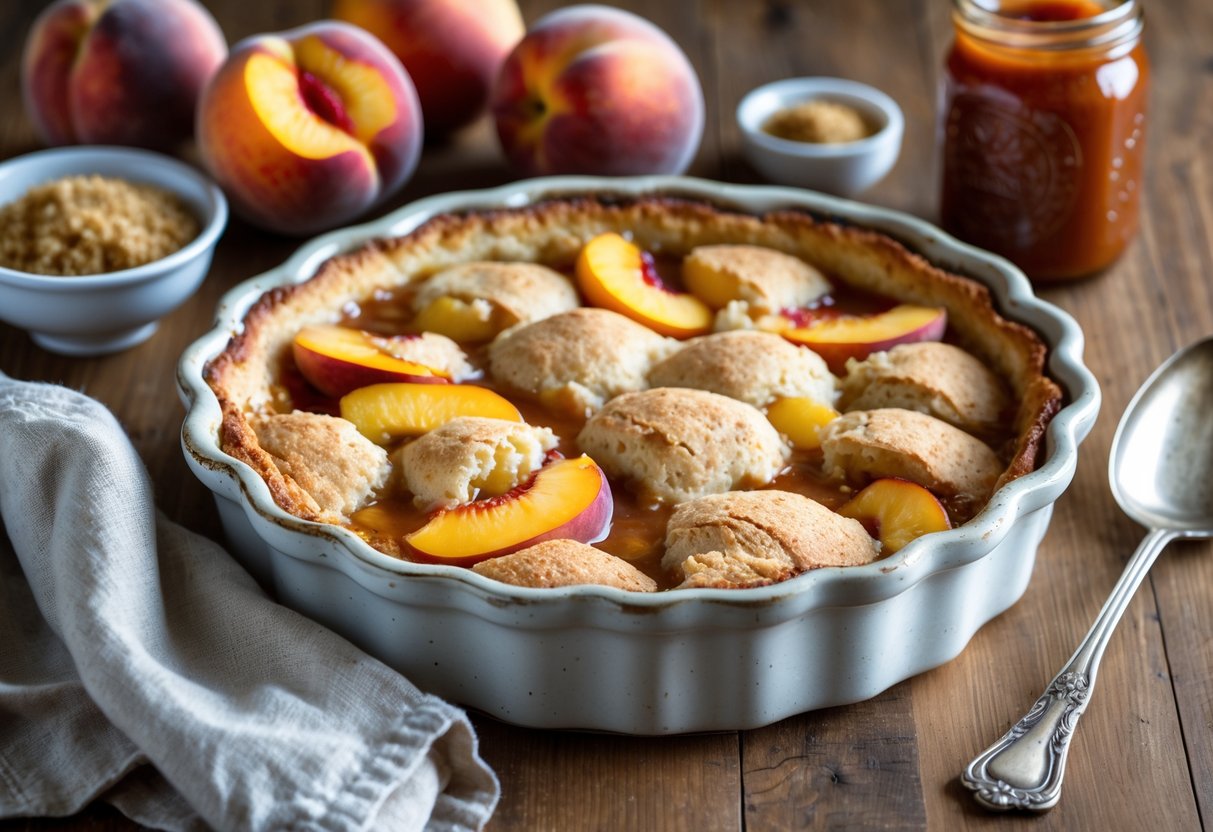 A freshly baked peach cobbler in a ceramic dish on a wooden table with fresh peaches and a serving spoon nearby.