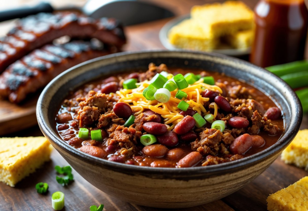 A bowl of chili with meat, beans, and cheese garnished with green onions, surrounded by barbecue ribs, sausages, and cornbread on a wooden table.