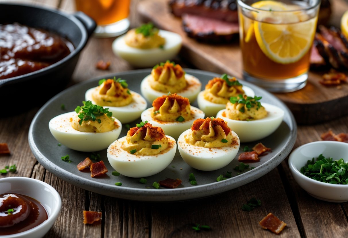 A plate of deviled eggs with barbecue-flavored filling garnished with chives and paprika on a wooden table, surrounded by bowls of barbecue sauce, herbs, and bacon bits.