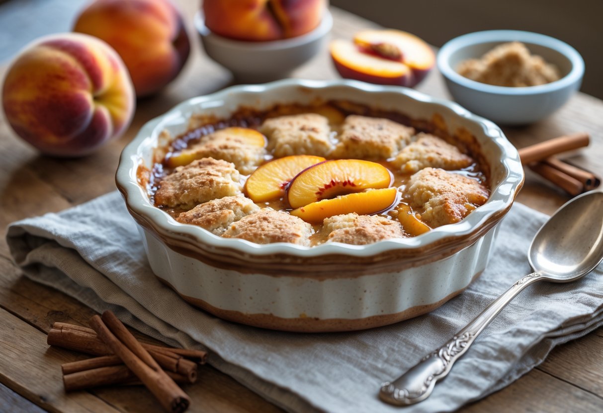 A freshly baked peach cobbler in a rustic dish on a wooden table with fresh peaches and cinnamon sticks nearby.