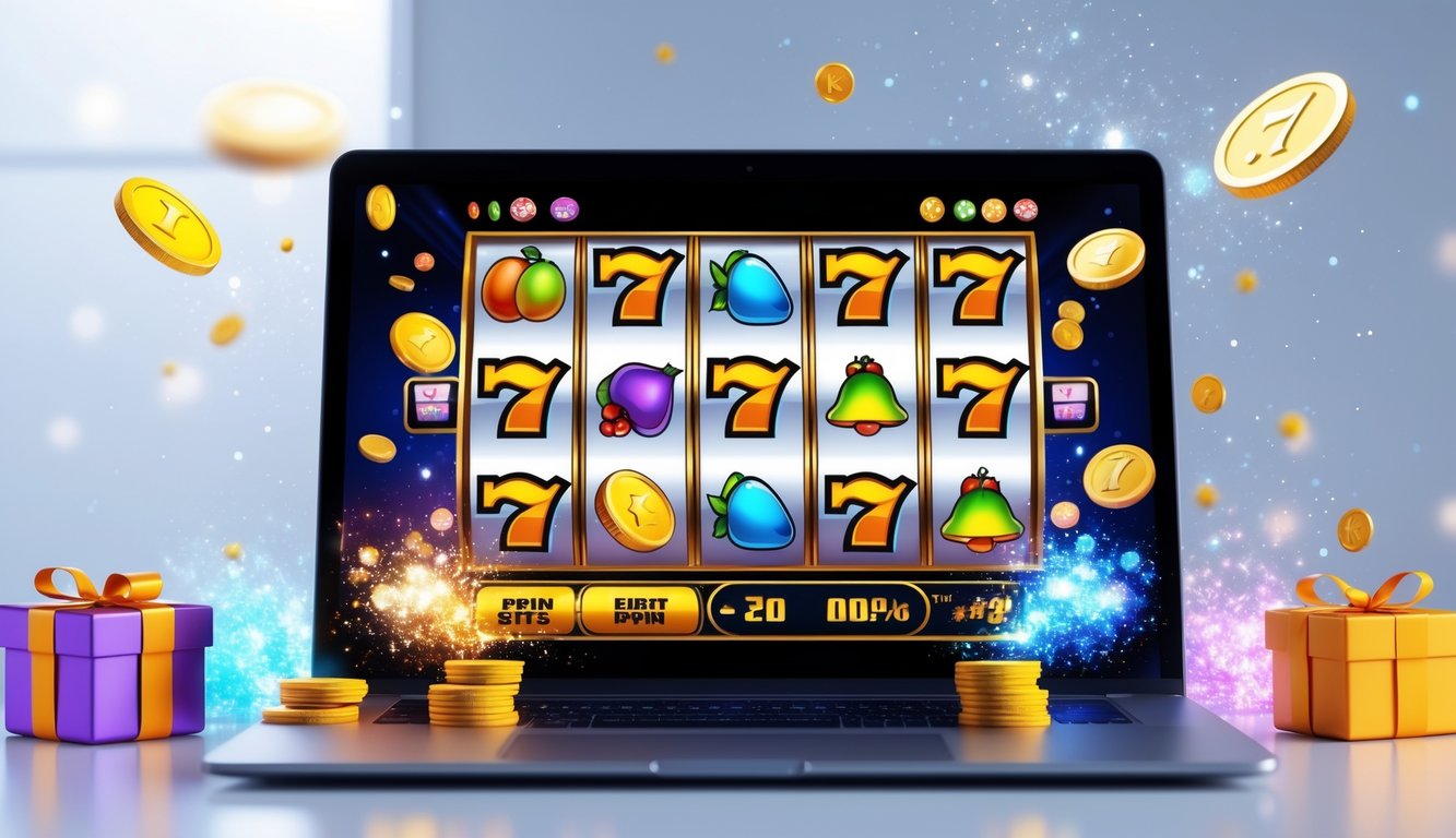 Seorang pengguna sedang bermain mesin slot online di komputer dengan simbol warna-warni dan koin yang berkilauan di sekitar layar.