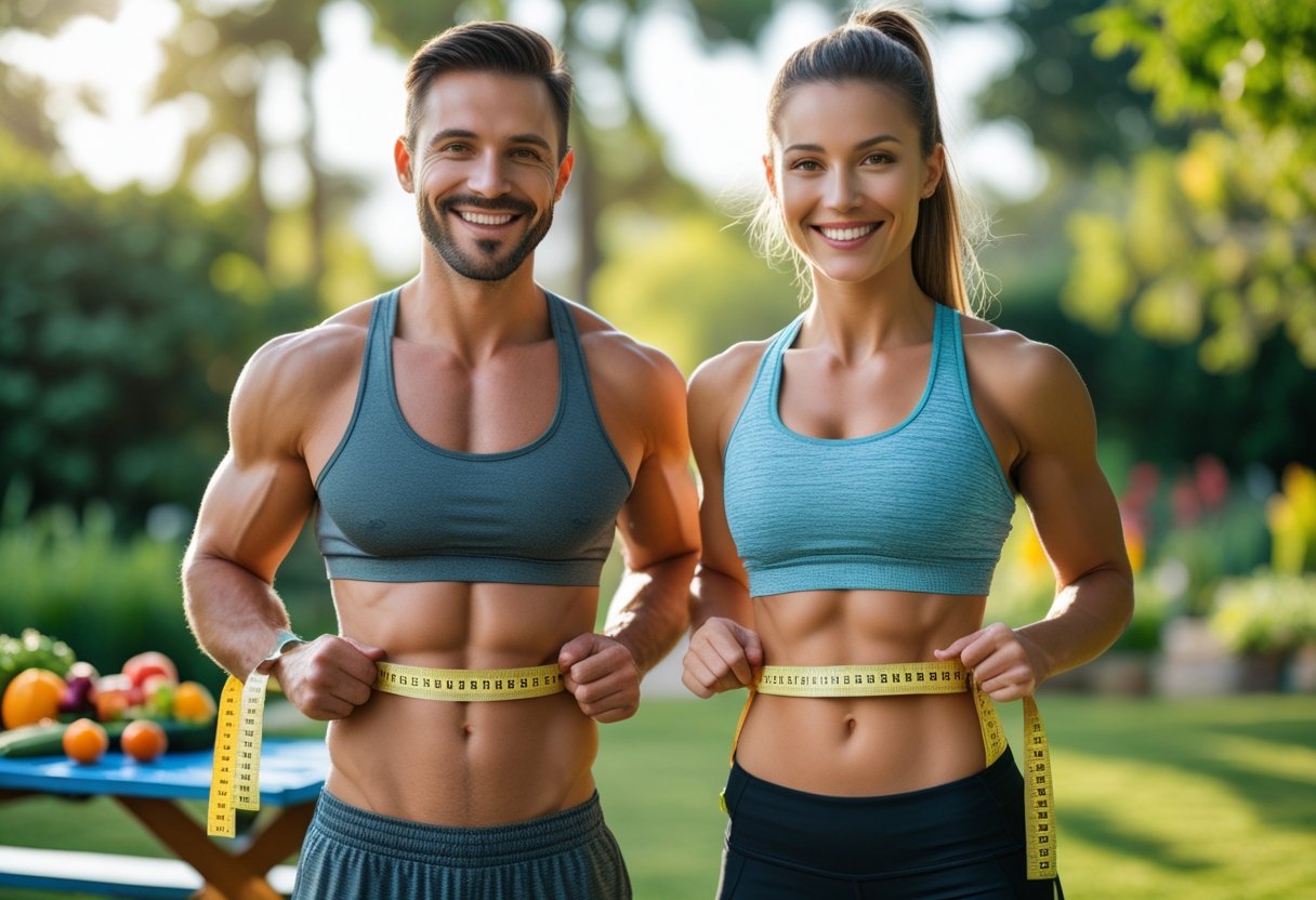 Homem e mulher sorrindo ao ar livre, medindo a cintura com fita métrica, com frutas frescas ao fundo.