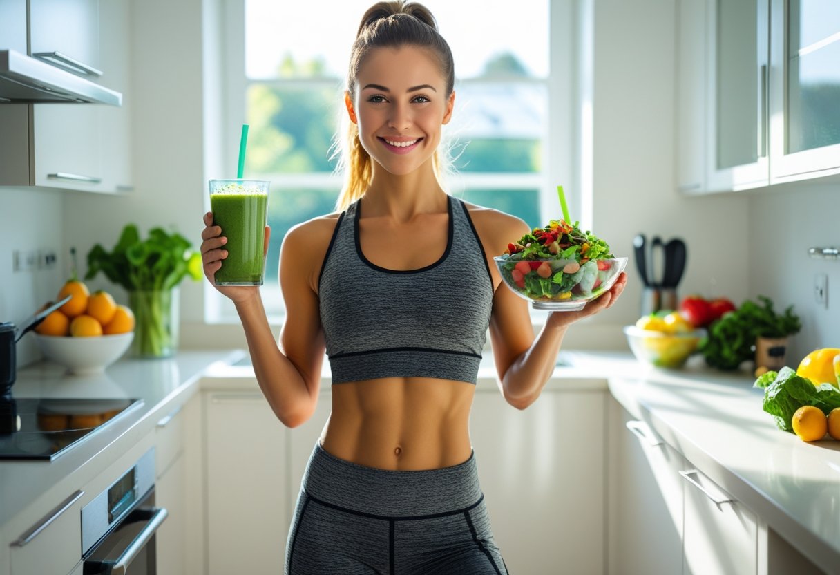 Mulher jovem em roupas esportivas segurando um smoothie verde e uma tigela de salada em uma cozinha moderna e iluminada, com frutas e vegetais frescos sobre a bancada.