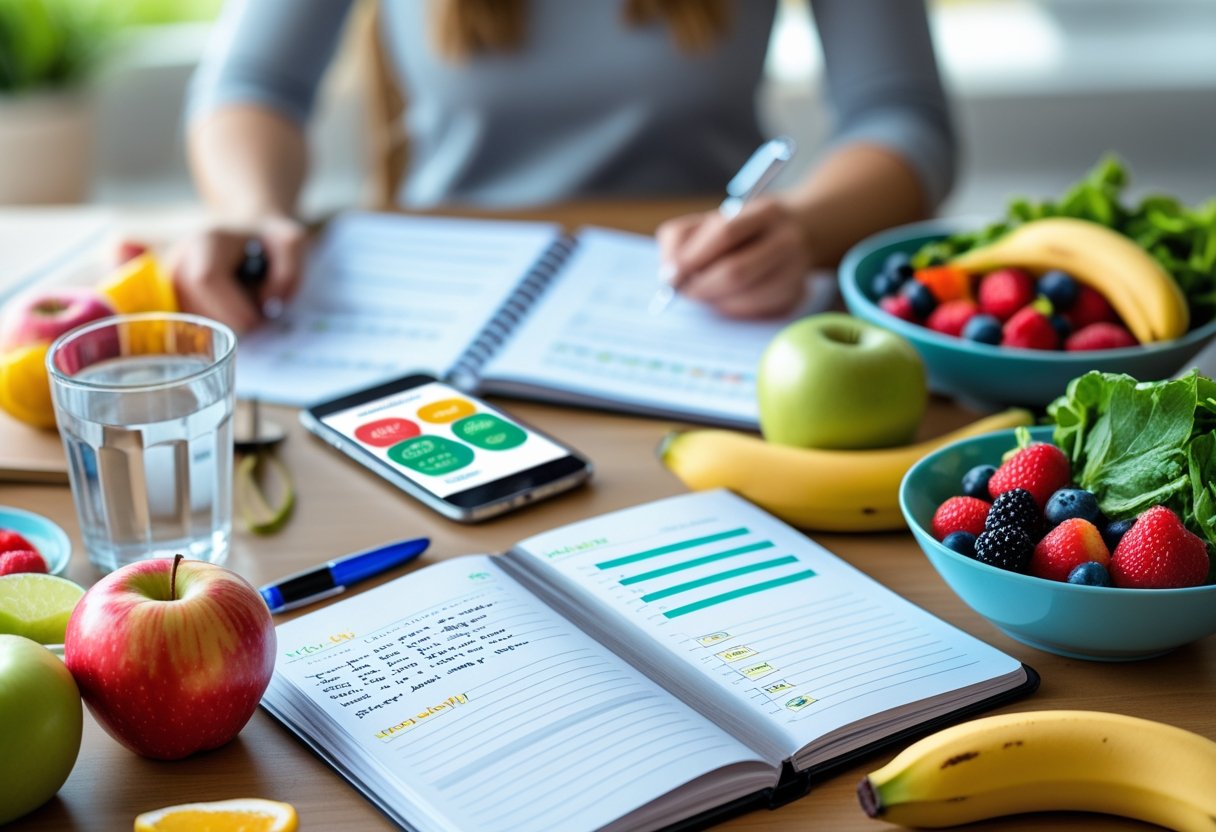 Mesa com caderno aberto, frutas frescas, legumes, copo d'água e celular, com pessoa ao fundo planejando uma alimentação saudável.