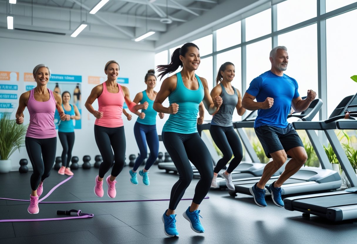 Grupo de pessoas praticando exercícios variados para emagrecimento rápido em uma academia moderna e iluminada.