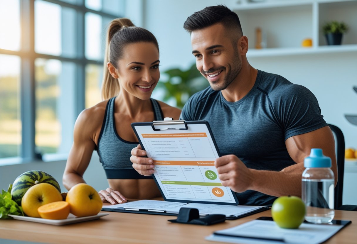 Um nutricionista profissional conversando com um cliente em um consultório moderno, mostrando um plano de saúde personalizado para emagrecimento rápido.