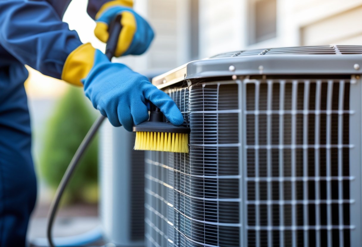 A technician cleaning the condenser coils of an outdoor air conditioning unit with a brush.