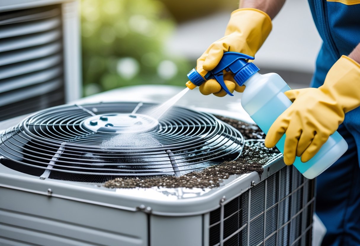 A technician cleaning air conditioning condenser coils outdoors with gloves and a spray bottle.