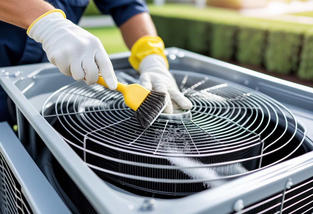 A technician cleaning the condenser coils of an outdoor air conditioning unit using a brush.