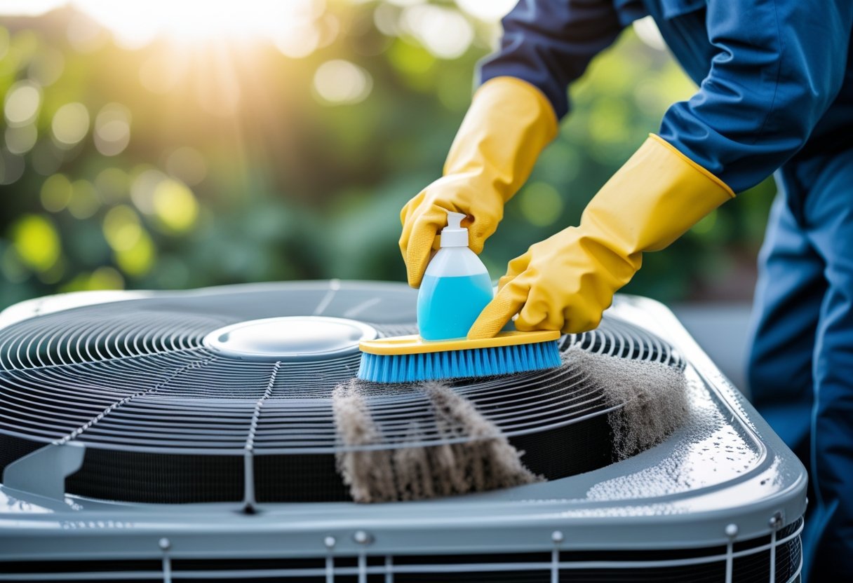 Technician cleaning air conditioning condenser coils outdoors using a brush and spray bottle.
