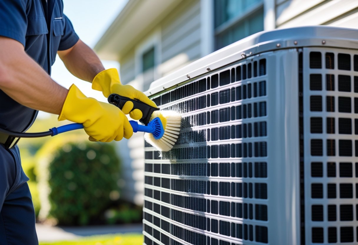 A technician cleaning an air conditioning condenser coil outdoors near a building.