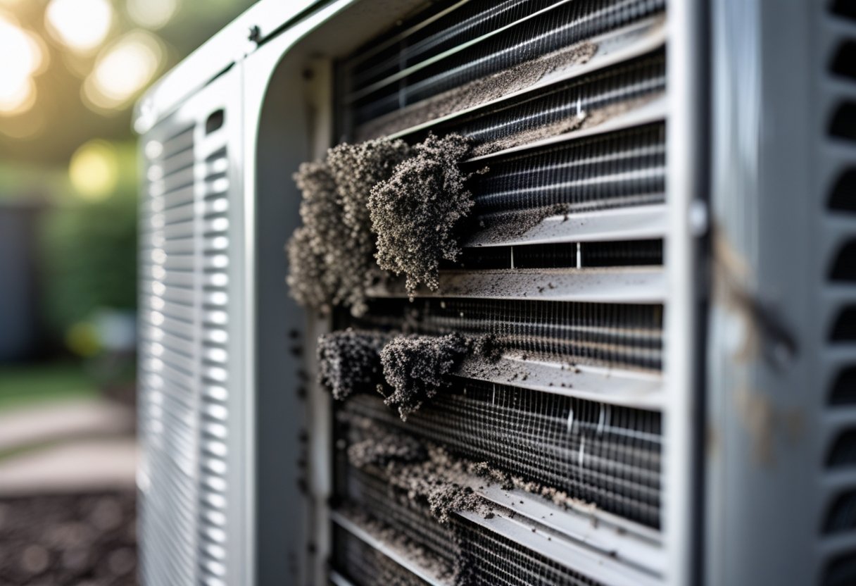 Close-up of an outdoor air conditioning unit showing dirty condenser coils covered in dust and debris next to clean coils for comparison.