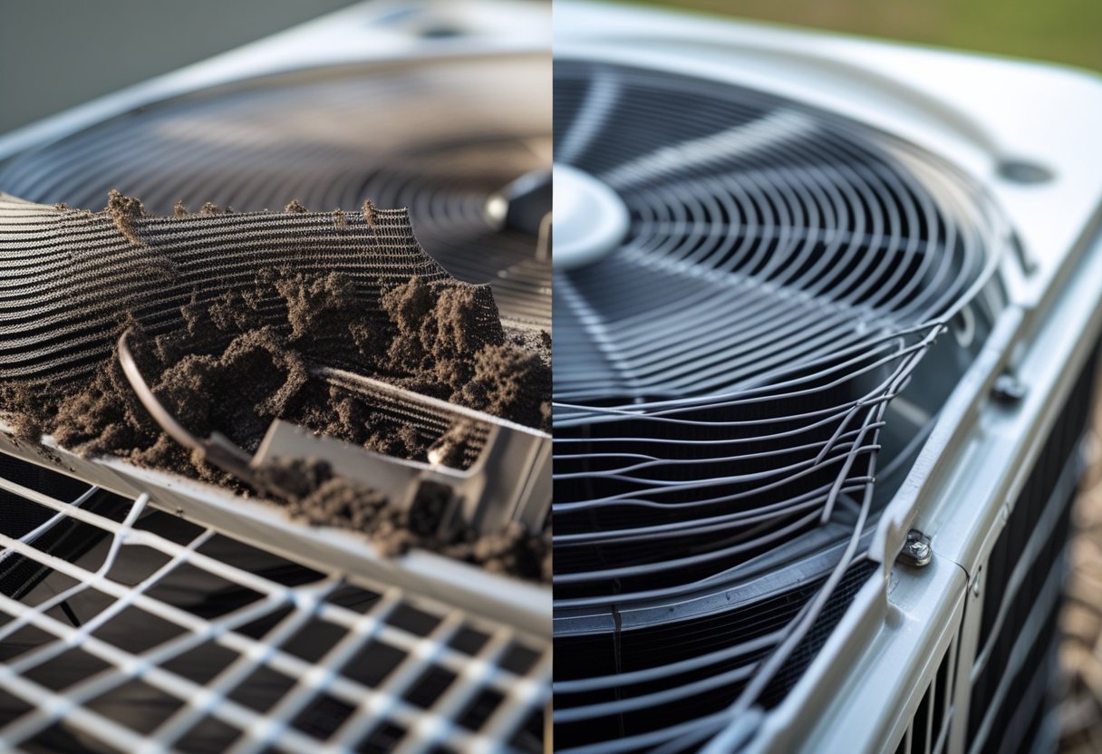 Close-up of an outdoor air conditioning unit showing a side with dirty condenser coils covered in dust and grime and a side with clean, shiny condenser coils.