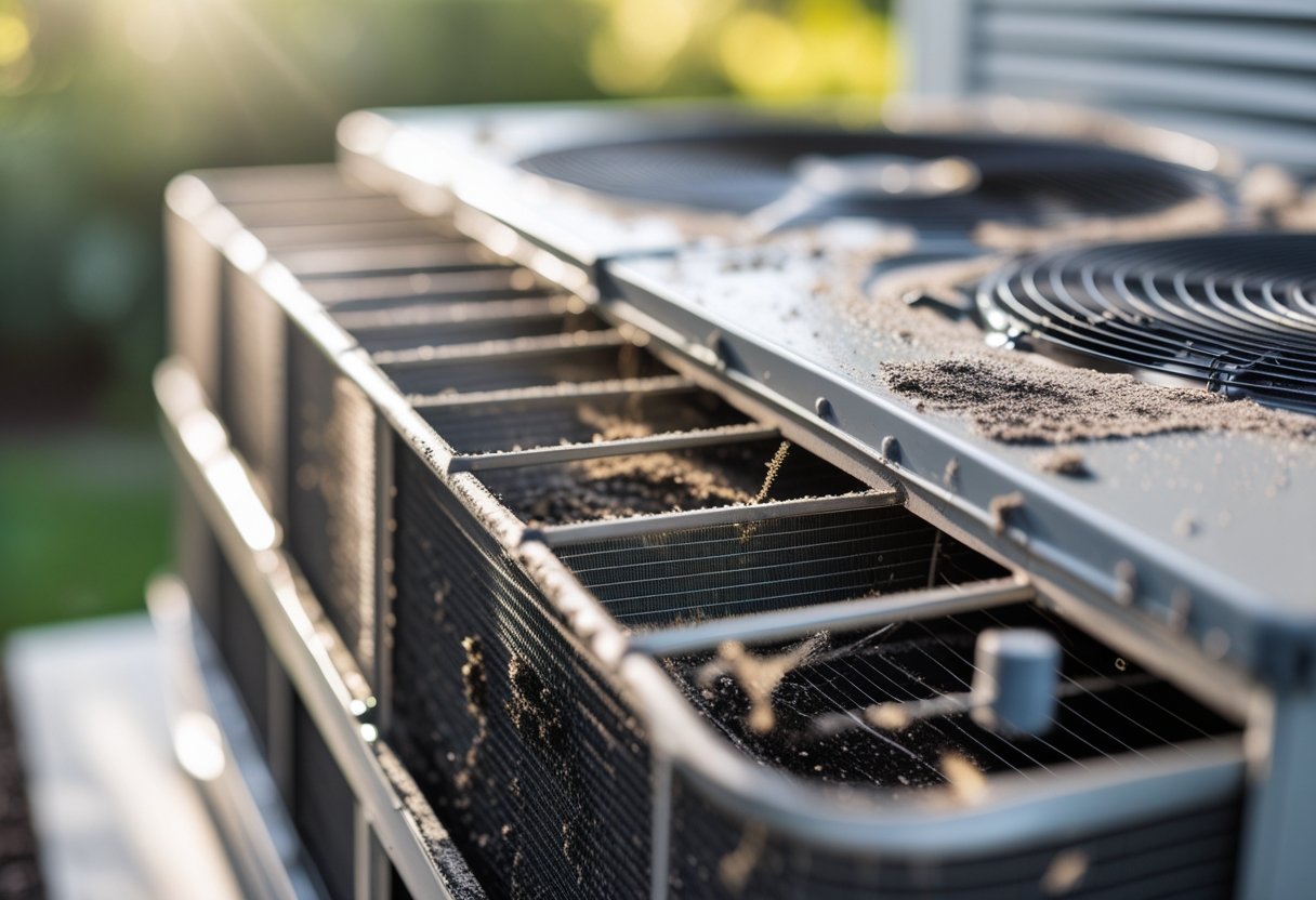 Close-up of dirty condenser coils on an air conditioning unit outdoors with greenery in the background.