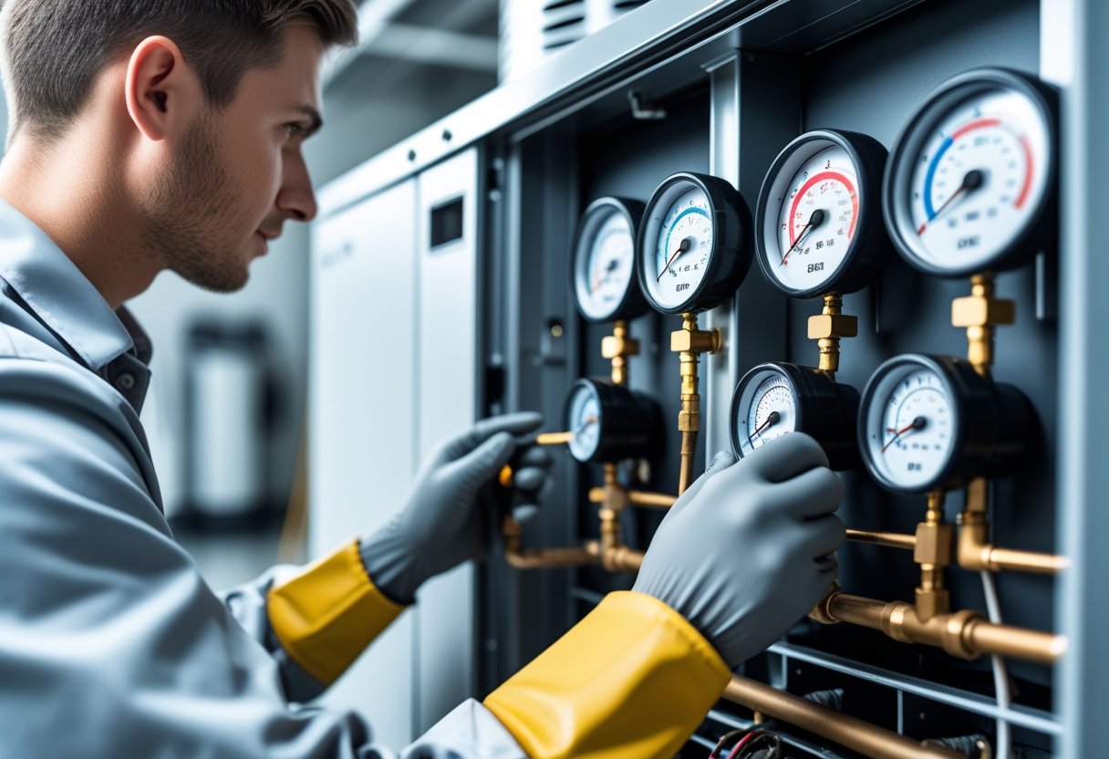Technician checking refrigerant levels on an air conditioning unit using a digital gauge in a clean indoor setting.