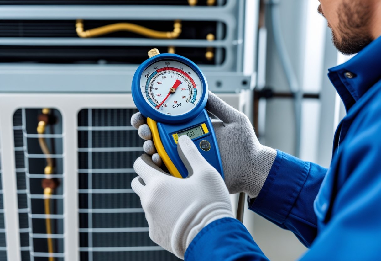 Technician measuring refrigerant levels on an air conditioning unit using a digital gauge.