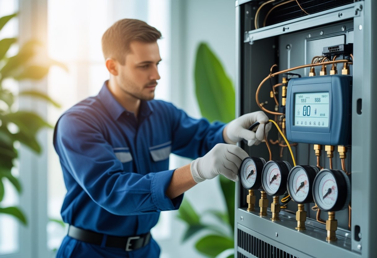Technician checking refrigerant gauges on an air conditioning unit indoors with energy meter and plants nearby.