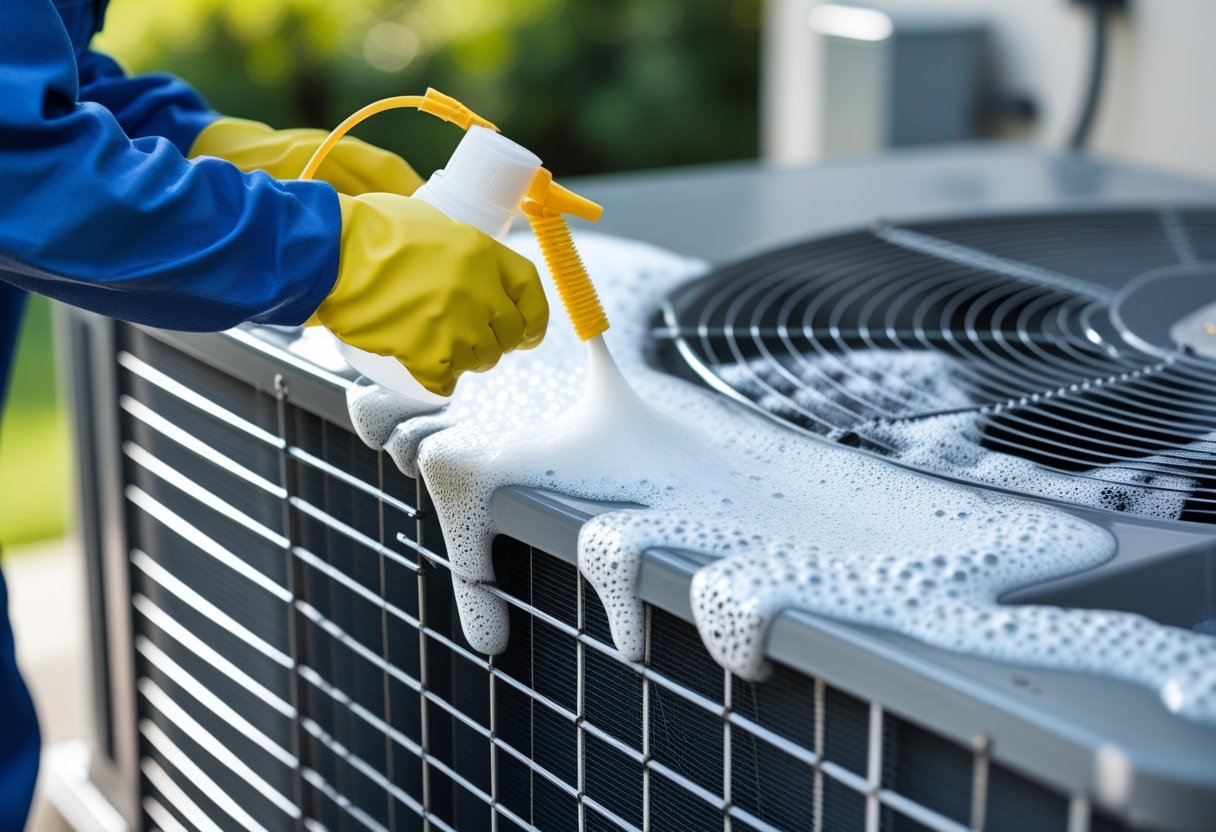 A technician wearing gloves and goggles sprays chemical cleaner foam onto dirty air conditioning condenser coils outdoors.
